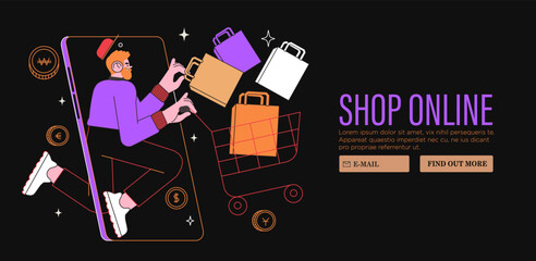 Man with shopping cart buy presents, gifts online in store or shop through mobile application. Concept of sale, discount special coupon for web banner, ads or socila media and emails. Black friday.