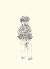 Fototapeta na wymiar Graphic monochrome illustration of a schoolboy carrying books, textbooks