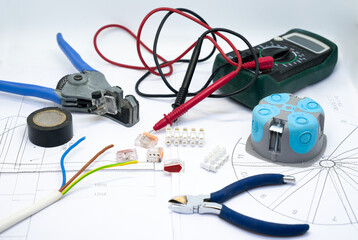 electrician equipment on white background - top view
