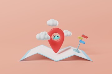 Directions sign pole with plane and cloud on a map. Travel destination, Guidance, Location. 3d rendering