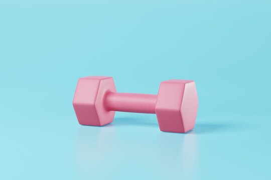 Minimal pink dumbbell on blue background. Weight training activity, bodybuilding exercise, daily gym and fitness, dieting for health, sport heavy for muscular building equipment concept. 3d rendering