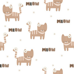 Seamless pattern with cute cat and white flowers. Childish animal print. Vector hand drawn illustration.