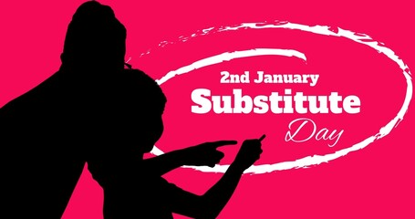 Illustration of 2nd january substitute day text and shadow of teacher and student on pink background