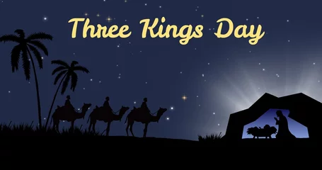 Wall murals Horse riding Illustration of kings riding on camels watching baby jesus christ in tent and three kings day text