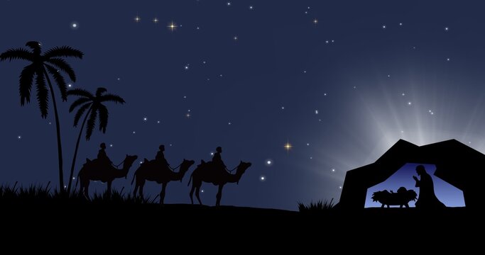 Illustration of men riding on camels watching baby jesus christ in tent against starry sky at night