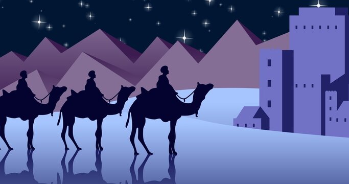 Illustration of three wise men riding on camels against mountains and shining stars at night
