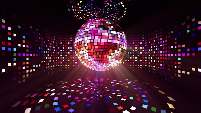Neon Disco ball seamless VJ loop animation for music broadcast TV, night clubs, music videos, LED screens and projectors, glamour and fashion events, jazz, pops, funky and disco party.