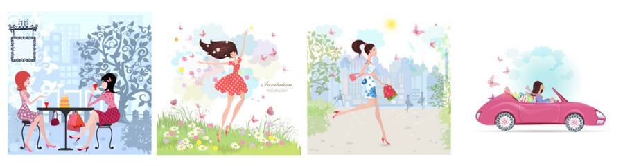 collection of cards with fashion girls doing outdoor activities.