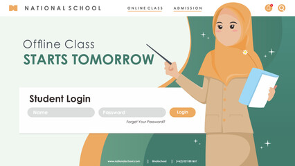 School Landing page website and student login for class With Hijab Muslim Teacher Staff holding books and pointing with stick 