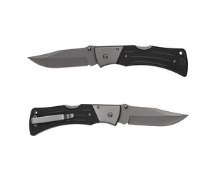 Pocket folding knife isolate on white back. Compact metal sharp knife with a folding blade.