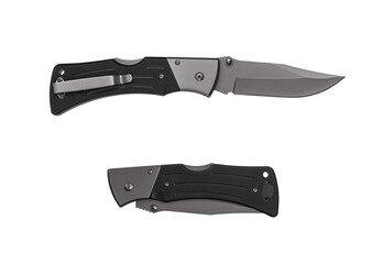Pocket folding knife isolate on white back. Compact metal sharp knife with a folding blade.