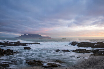 Fototapeta na wymiar View of Table Mountain at dusk from Bloubergstrand, Cape Town. Western Cape. South Africa. 