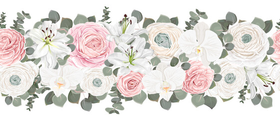 Seamless vector floral border. Pink roses, white ranunculus, White lilies, orchids, eucalyptus, green plants and leaves 