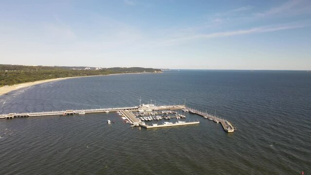 View from the drone on the pier in Sopot on the Baltic Sea on a sunny,autumn day.
