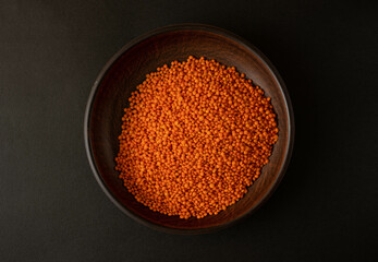 Dry lentils in a plate on a dark background. Cooking lentils.