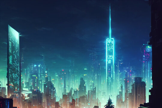 night city skyline digital art illustration 