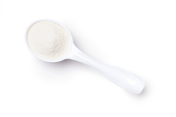Collagen peptides powder in spoon isolated on white background. Natural supplement for human skin,...