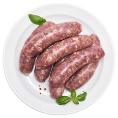 Raw beef or pork grill sausage on ceramic plate isolated