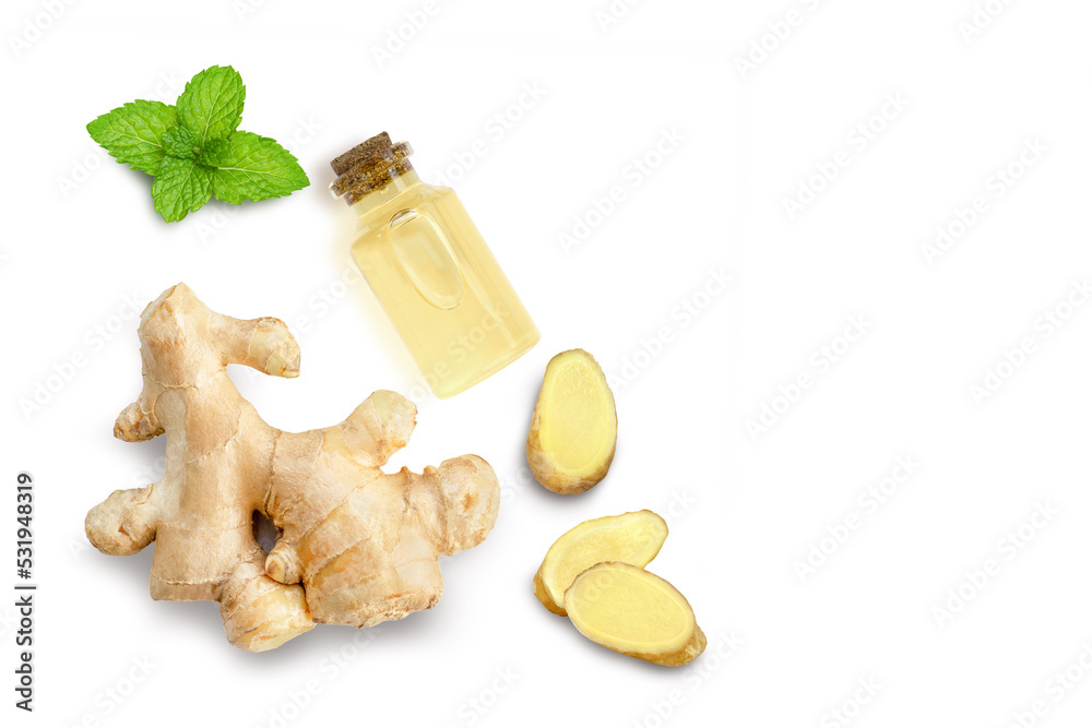 Wall mural Ginger essential oil and fresh ginger root with slices and mint leaf isolated on white background. Top view. Flat lay. Copy space. - Wall murals