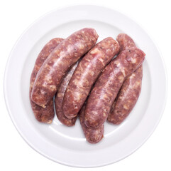 Raw beef or pork grill sausage on ceramic plate isolated