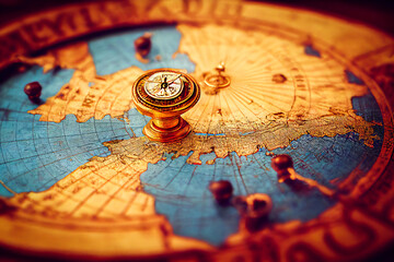 Naklejka na ściany i meble Antique map and compass, background to decorate a world related to geography and history