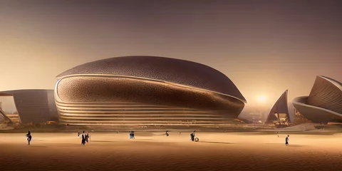 Fotobehang Landscape illustration, wallpaper, world football stadium in qatar 2022, science fiction, futuristic city in the desert, soccer, abstract. copy space, banner © Pixel_Studio_8