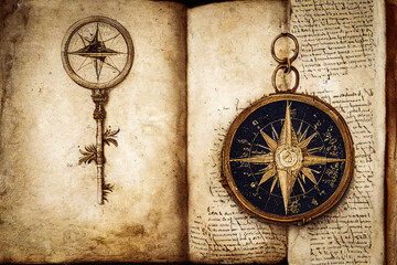 Fototapeta na wymiar Illustration of an old compass and a key on an old manuscript parchment from the Middle Ages