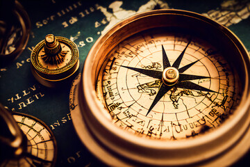 Close-up of a compass drawing, with map, luxurious navigation instrument for marine, real antique for design