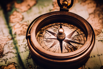 Illustration and close-up of an antique and vintage navigation compass on an antique map, for ambiance with antique navigation instrument