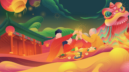 Fototapeta na wymiar Chinese New Year's Eve Dinner Creative Illustration