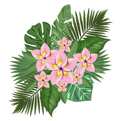 Floral arrangement, tropical flowers and leaves on a white background.Vector illustration can be used in wedding designs.postcards, textiles.
