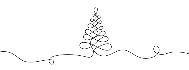 Christmas background with tree one line drawing, vector illustration