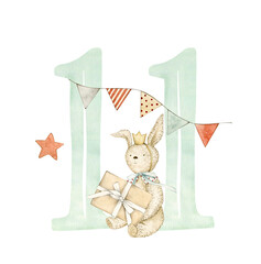 Watercolor illustration card with number 11, bunny, flags and star. Isolated on white background. Hand drawn clipart. Perfect for card, postcard, tags, invitation, printing, wrapping.