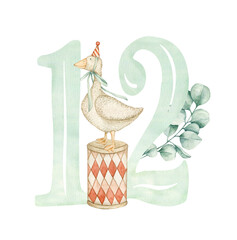 Watercolor illustration card with number 12, goose, box, eucalyptus. Isolated on white background. Hand drawn clipart. Perfect for card, postcard, tags, invitation, printing, wrapping.