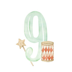 Watercolor illustration card with number 9, toy box and star. Isolated on white background. Hand drawn clipart. Perfect for card, postcard, tags, invitation, printing, wrapping.