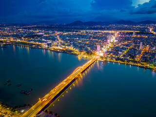 Fototapeta na wymiar Aerial view of Han river and dragon bridge at sunset.