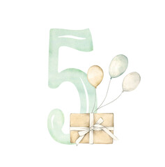 Watercolor illustration card with number 5, gift box and balloons. Isolated on white background. Hand drawn clipart. Perfect for card, postcard, tags, invitation, printing, wrapping.