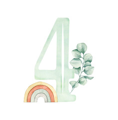 Watercolor illustration card with number 4, rainbow, eucalyptus. Isolated on white background. Hand drawn clipart. Perfect for card, postcard, tags, invitation, printing, wrapping.