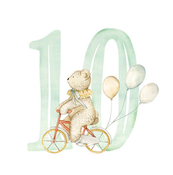 Watercolor illustration card with number 10, bear bicycle and balloons. Isolated on white background. Hand drawn clipart. Perfect for card, postcard, tags, invitation, printing, wrapping.