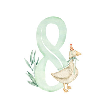 Watercolor illustration card with number 8, toy goose and branch.Isolated on white background. Hand drawn clipart. Perfect for card, postcard, tags, invitation, printing, wrapping. 