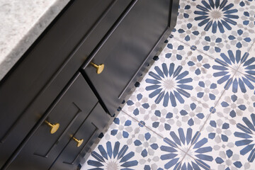 Detail of bathroom vanity and tiled floor - 531949379