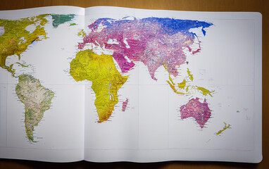 Drawing of an open book on a colorful world map