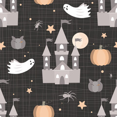 Halloween pattern. Horror background. Darc castles, pumpkin, spiders and ghosts. Scary, spooky background. Decor textile, wrapping paper. Vector seamless texture