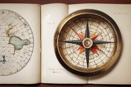 striking and dizzying drawing of an old vintage navy compass on a captain's logbook, with map and blank sheet