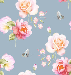 Watercolor seamless pattern with rose flowers. Perfect for wallpaper, fabric design, wrapping paper, surface textures, digital paper.