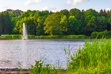 Natural panorama view lake fountain green plants trees forest Germany.