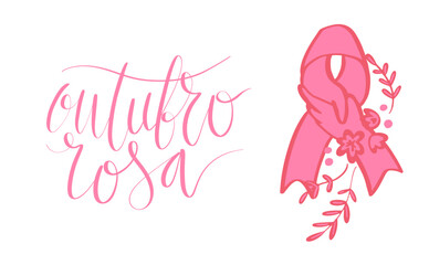 Outubro Rosa - October Pink in portuguese language. Brazil Breast Cancer Awareness campaign web banner. Handwritten lettering.