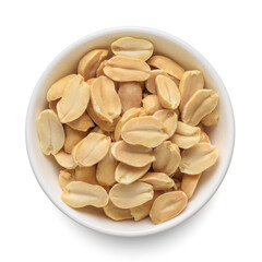 Peanuts in white bowl isolated on white. Top view.