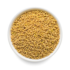 Mustard seeds in white bowl isolated on white. Top view.