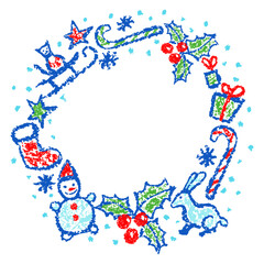 Seamless Christmas pattern of cute fir branches. Like child hand drawing cartoon tree pine and falling snow. Crayon, pastel chalk, pencil kid painting flat funny doodle simple vector stroke background